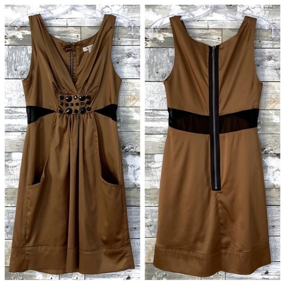 #152 BCBGeneration Jeweled Embellished Mesh Bronze Chocolate Satin Dress BCBG 2 - Picture 5 of 9